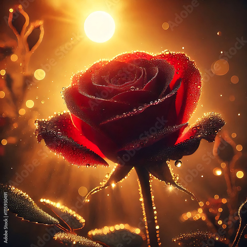 A close-up of a single red rose with dewdrops on its petals, glowing under a golden sunrise photo