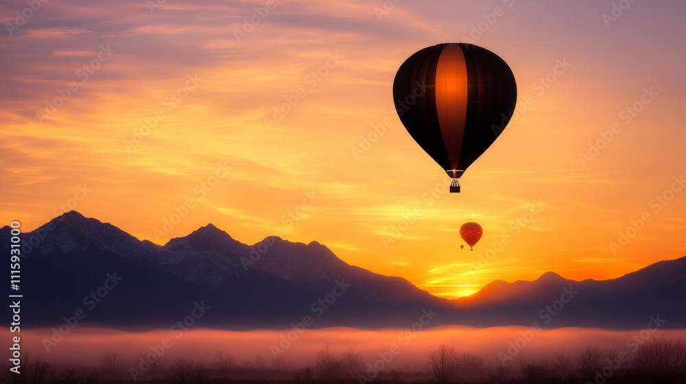 Fototapeta premium Majestic Sunrise Hot Air Balloon Flight over Misty Mountains