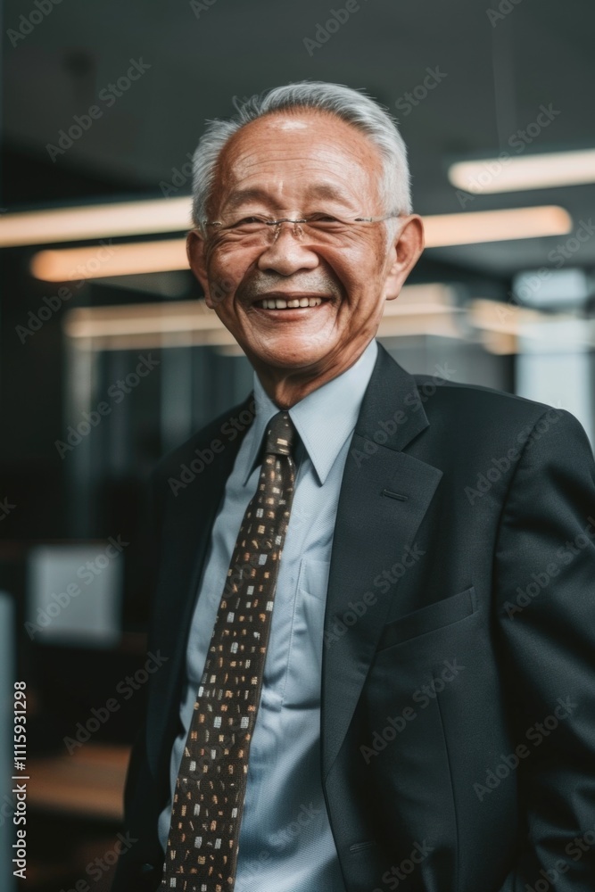 Naklejka premium Elderly Asian businessman wearing a dark suit and tie with a friendly smile. In an office environment, representing diversity and cultural competence in the corporate world.