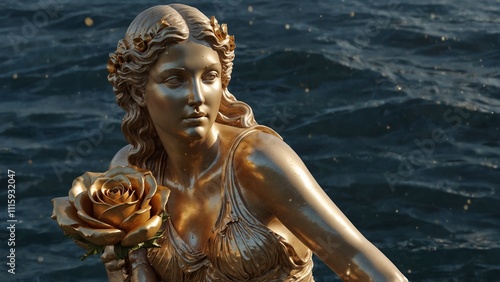 Statue of Aphrodite, holding a golden rose, set against a sparkling water surface with a gentle breeze, with love and charm symbols carved on the base. photo