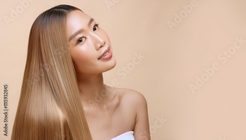 Beautiful woman model with long black silky shining hair for hair products advertising 