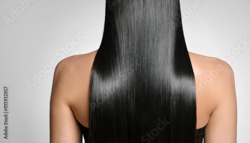 Beautiful woman model with long black silky shining hair for hair products advertising 