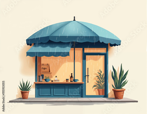 vector of a drawing of a blue umbrella that is on a minimalist coffee shop front with potted plants