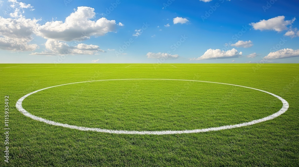 Fototapeta premium Green Soccer Field Under Blue Sky with White Line Circle