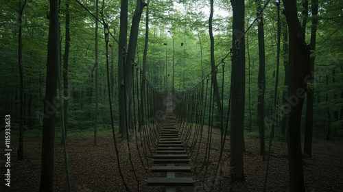 Suspension Bridge Surrounded by Lush Green Forest Landscape photo