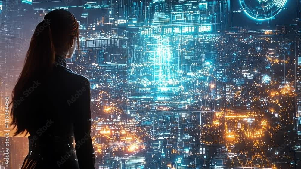 Cyberpunk Cityscape: A lone woman gazes upon a sprawling, futuristic ...