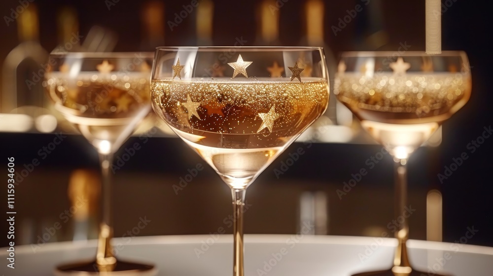 Elegant celebration with champagne and sparkling wine amidst golden stars and festive background