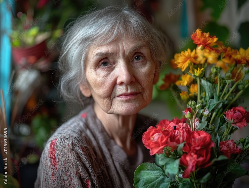 Old woman holding flowers in a vase, expressing her hobby and love for nature. Old woman holding flowers in a vase, expressing her hobby and love for nature.