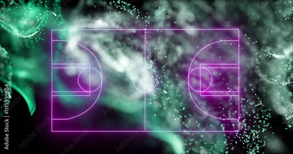 Fototapeta premium Basketball court lines image over abstract green and purple background