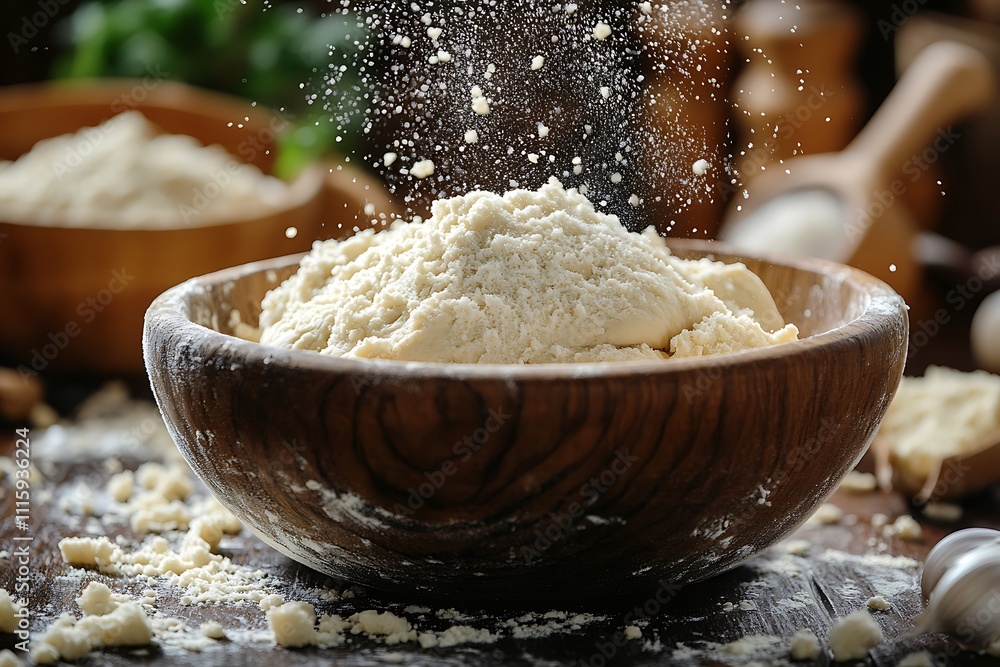 Fototapeta premium A wooden bowl filled with white flour, ready for baking