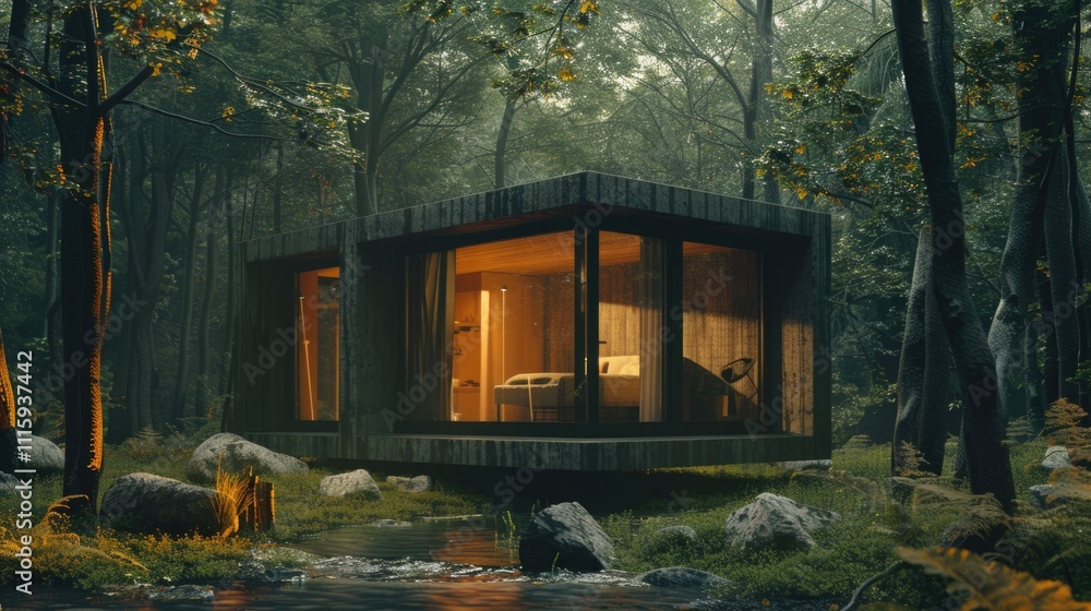 Minimalist cabin with a warm glowing interior, surrounded by trees and rocks. Minimalist cabin with a warm glowing interior, surrounded by trees and rocks.