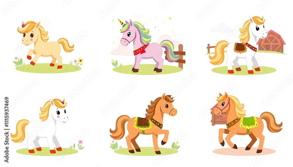 Fototapeta premium set of funny cartoon ponies. delightful collection features a range of cute illustrated ponies, perfect for children's content, educational materials, and whimsical designs.
