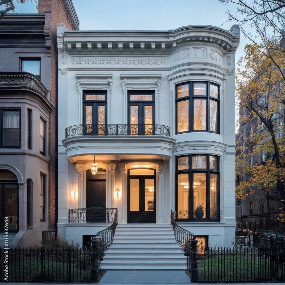Obraz premium Elegant white three-story house with black windows, balcony, and steps at twilight.