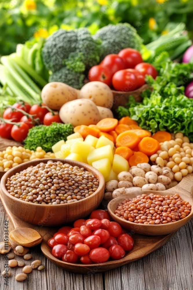 Verduras frescas, legumbres y papas en una superficie de madera.
Verduras frescas, legumbres y papas en una superficie de madera.