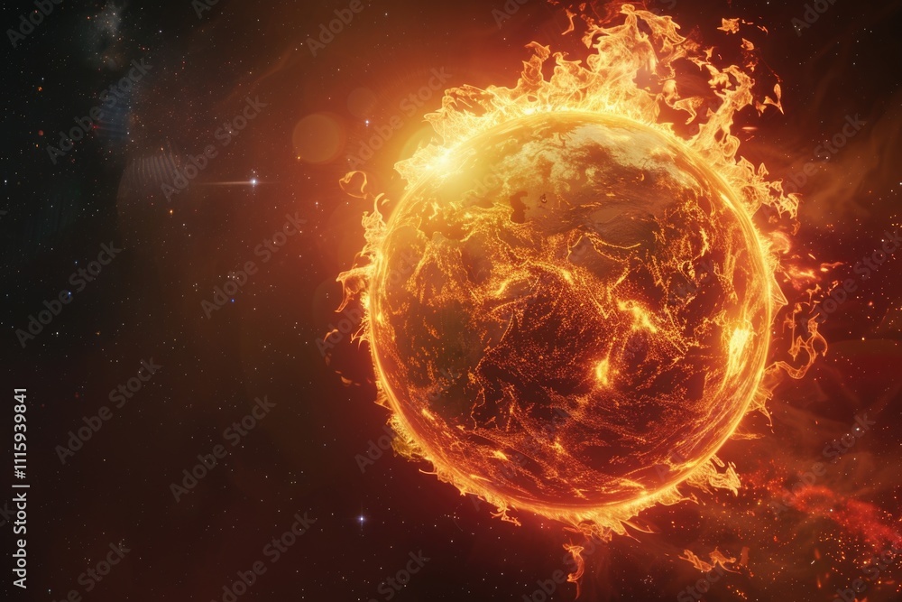 Obraz premium The sun is an exploding fiery planet in space.