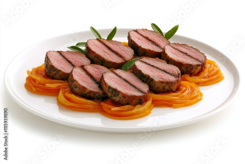  Carne de res asada en rodajas servida con puré de camote y decorada con hojas frescas.
 photo