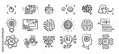 Artificial Intelligence Icons grunge chalk hand drawn doodle Brush set. Outline AI drawing crayon 