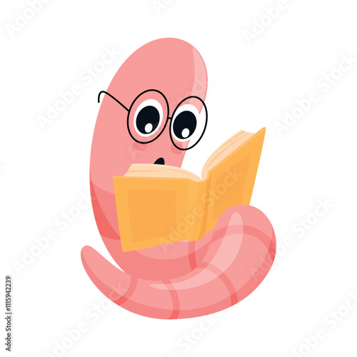 Cartoon bookworm wearing glasses reading an open book with excitement on a white background