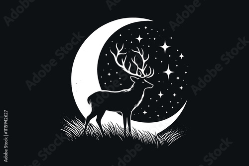 Deer silhouette against starry night sky with crescent moon, black and white. vector illustration, isolated print