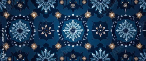 A blue and gold patterned background with a snowflake design. The snowflakes are scattered throughout the background and are surrounded by stars. Scene is festive and joyful