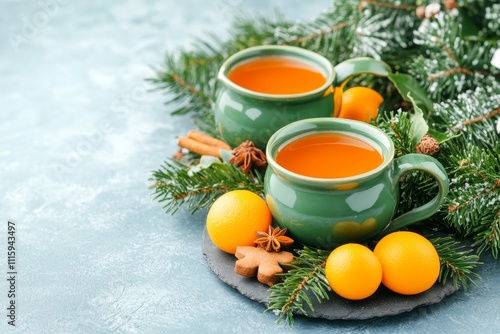  Dos tazas verdes con una bebida caliente rodeadas de ramas de abeto, naranjas y especias sobre una superficie clara.
 photo