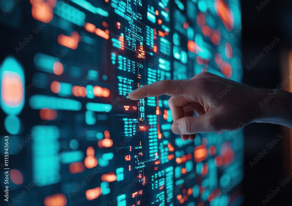 Hand Interacting with Digital Data Display in Futuristic Environment Hand Interacting with Digital Data Display in Futuristic Environment