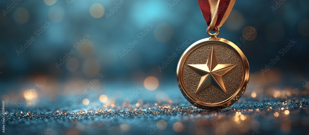 Gold medal with star, on glitter, bokeh background. Gold medal with star, on glitter, bokeh background.
