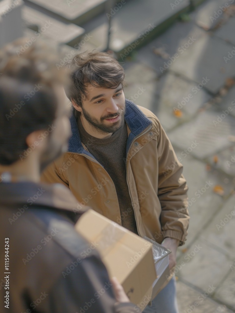 Two men are standing next to each other, one of them holding a box. The man with the box is wearing a brown jacket and has a beard. Scene is casual and friendly