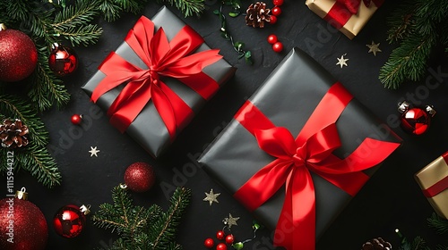 Elegant Christmas Gifts Red Ribbons Black Wrapping Festive Decor
