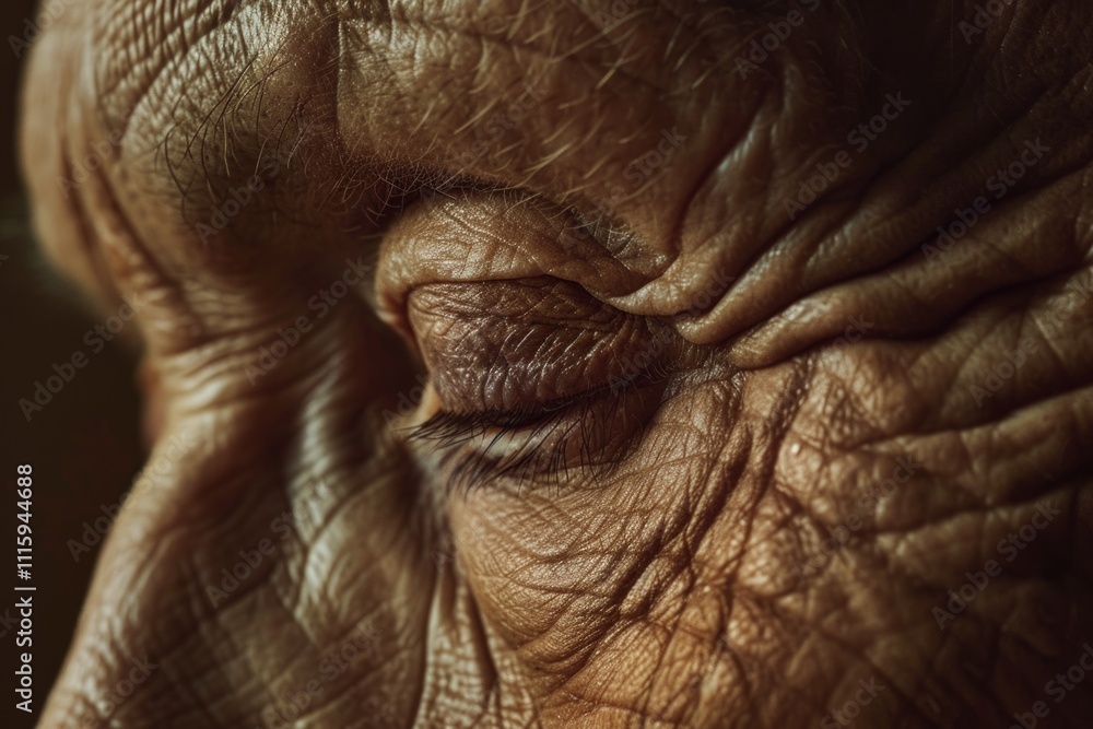 An elderly man with wrinkles, showing his eye closed and an expression of calmness. An elderly man with wrinkles, showing his eye closed and an expression of calmness.