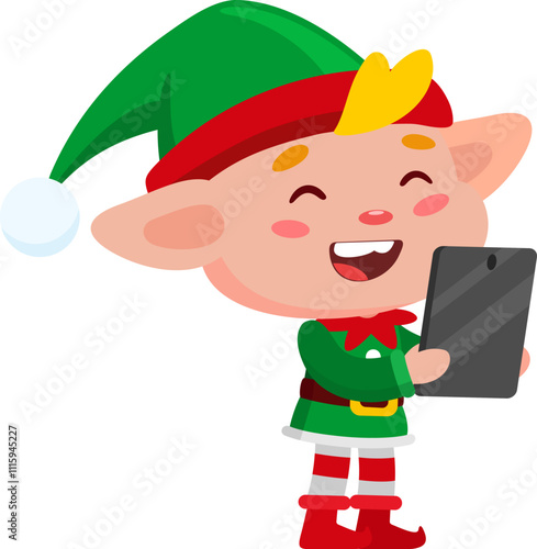 Cute Christmas Elf Cartoon Character Using A Phone To Assist Santa