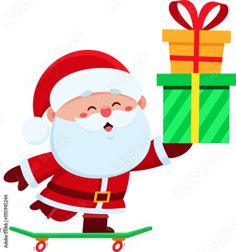 Cute Santa Claus Cartoon Character Rides Skateboard Delivering Christmas Gifts