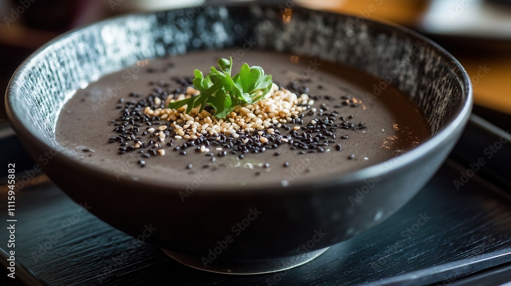 a bowl of silky black sesame pudding, topped with crushed sesame seeds and a few delicate garnishes, served in a Japanese-inspired dish a bowl of silky black sesame pudding, topped with crushed sesame seeds and a few delicate garnishes, served in a Japanese-inspired dish