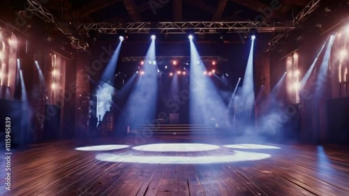 Empty Showroom Ready for Performance Start with Spectacular Light and Mist, Dramatic and Anticipatory Atmosphere