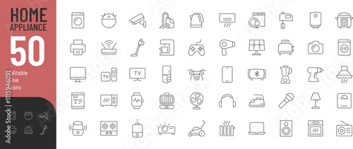 Home Appliance Line Editable Icons set. Vector illustration in modern thin line style of devices related icons: kitchen, office equipment, personal care accessories, and more. 