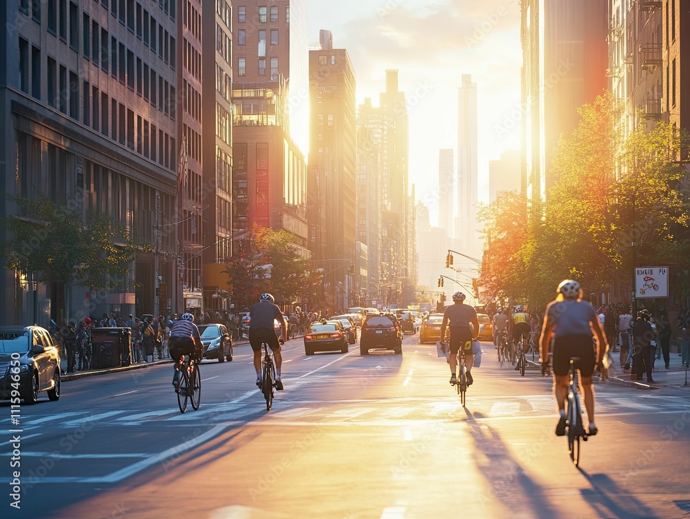 Obraz premium Sunset city street, cyclists ride past cars.