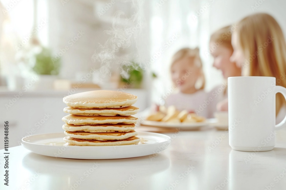 Stack of steaming pancakes on white plate in bright kitchen with family in background Stack of steaming pancakes on white plate in bright kitchen with family in background