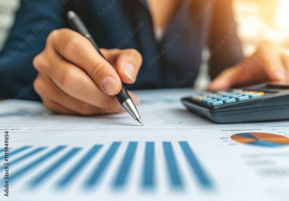 Business Professional Analyzing Financial Data with Calculator and Pen Business Professional Analyzing Financial Data with Calculator and Pen