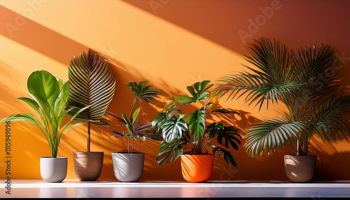 terracotta pots with tropical plants are arranged against a orange wall with dramatic sunlight creating striking shadows and contrast.	 photo