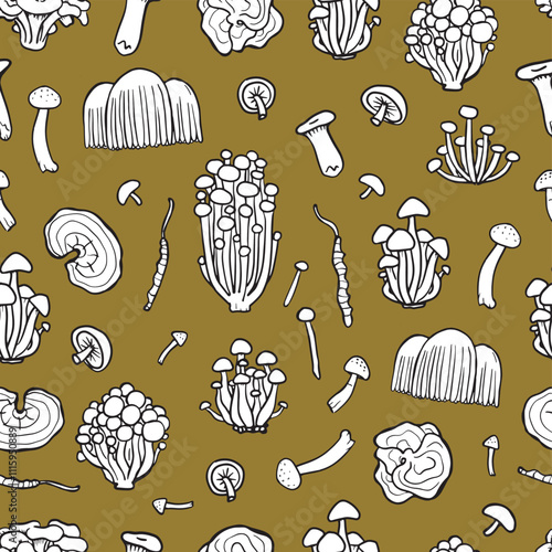 Fungus seamless pattern on yellow background. Illustration of Shimeji, erinji, shitaki, cordyceps, turkey tail and lions mane. Hand drawn white medicinal mushrooms.