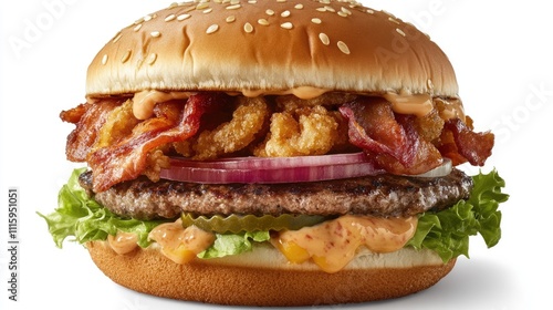 Juicy beef burger topped with crispy bacon, onion rings, lettuce, pickles, and sauce on a sesame seed bun. photo