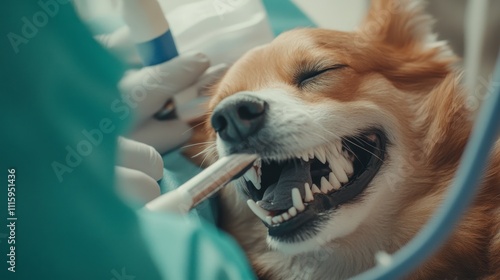 Veterinarian performing gastroscopy on an anesthetized dog in a veterinary clinic, inserting a flexible endoscope probe into the dog's mouth for a medical examination of the digestive system photo