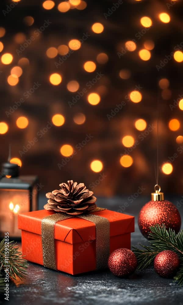Christmas gift box and trinkets on a background of unfocused golden lights Christmas gift box and trinkets on a background of unfocused golden lights