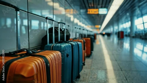 Row of Colorful Suitcases in an Airport Waiting Room: Anticipation and Excitement of Travel