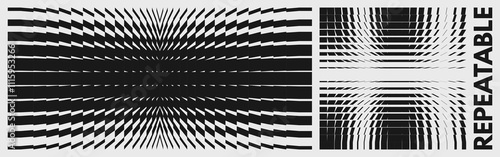 Black and white image of many rectangular flat shapes with transition effect. Dynamic gradient pattern going into perspective. Space distortion. Vector for presentation, banner, flyer, cover, brochure