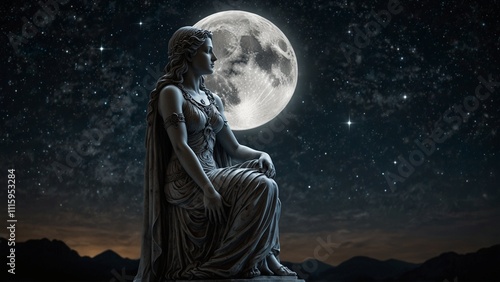 Statue of Selene, the moon goddess, draped in moonlight, holding the symbol of the moon, set against the night sky and stars, with mystery and serenity symbols carved on the base.