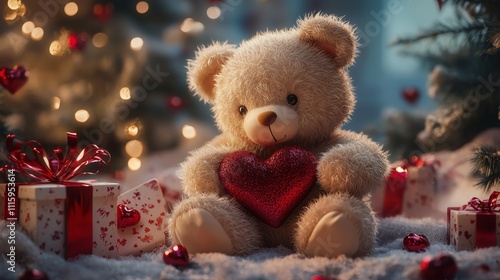 Cute teddy bear holding a heart sits among holiday decorations and gifts in a cozy setting