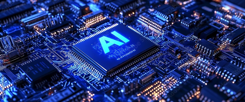 Obraz premium A close-up image of an AI chip on a circuit board, showcasing advanced technology and innovation.
