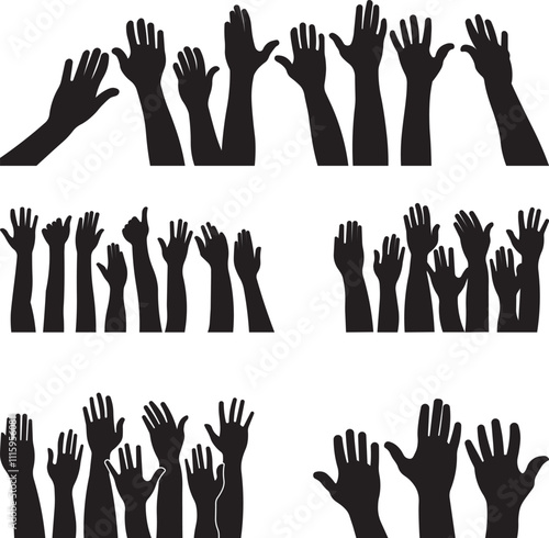 Raised Hands people SVG Vector Silhouette File, Volunteers Hands Up, Volunteer Hands, Students Hands Up, Seamless border with colorful up hands silhouettes
