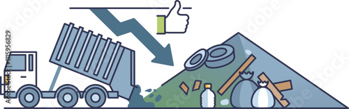 Illustration of waste truck, landfill, and recycling symbolizing waste reduction.
